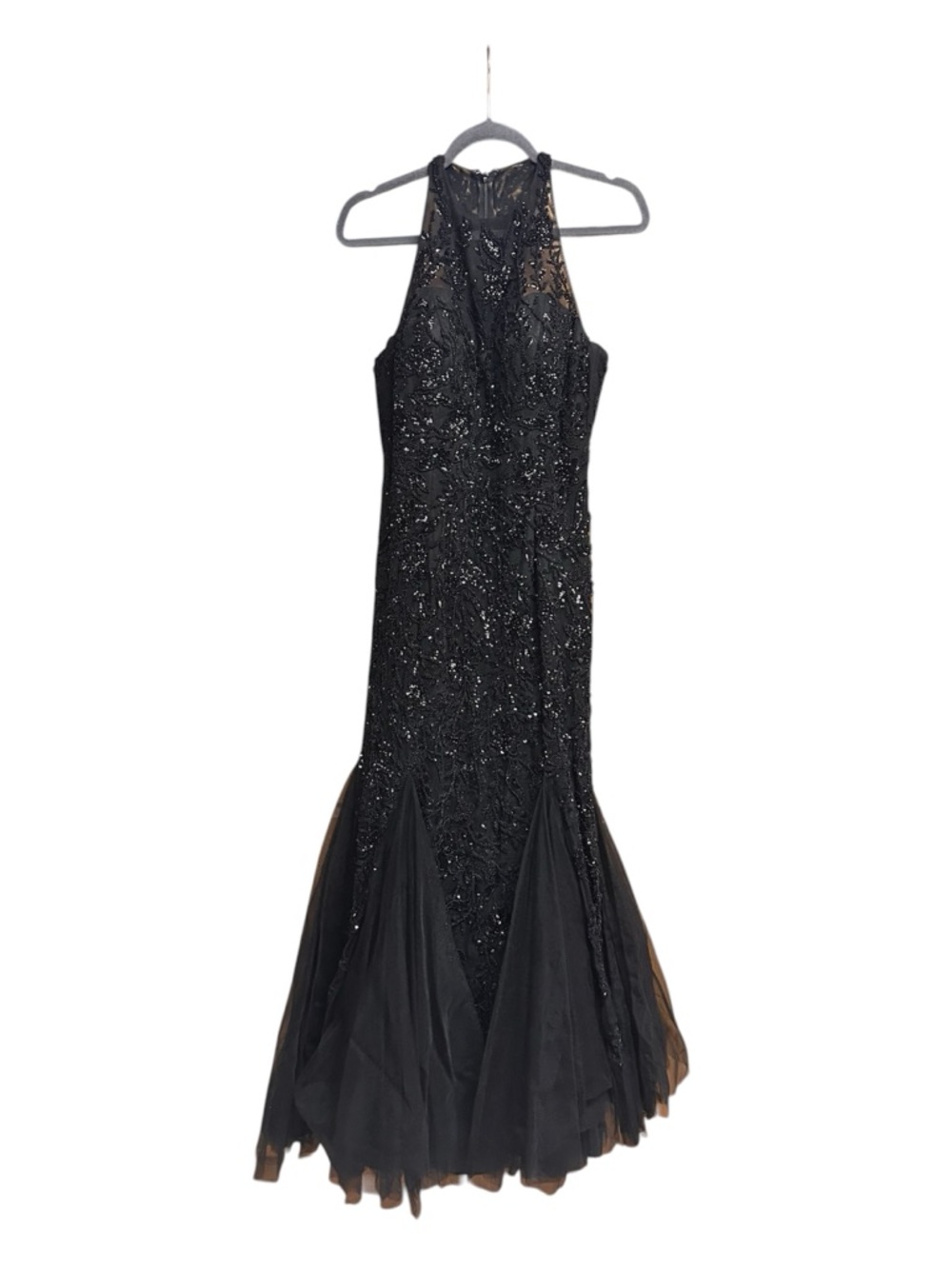 Sherri Hill Black Beaded and Sheer and Tulle Halter Evening Mermaid Gown
